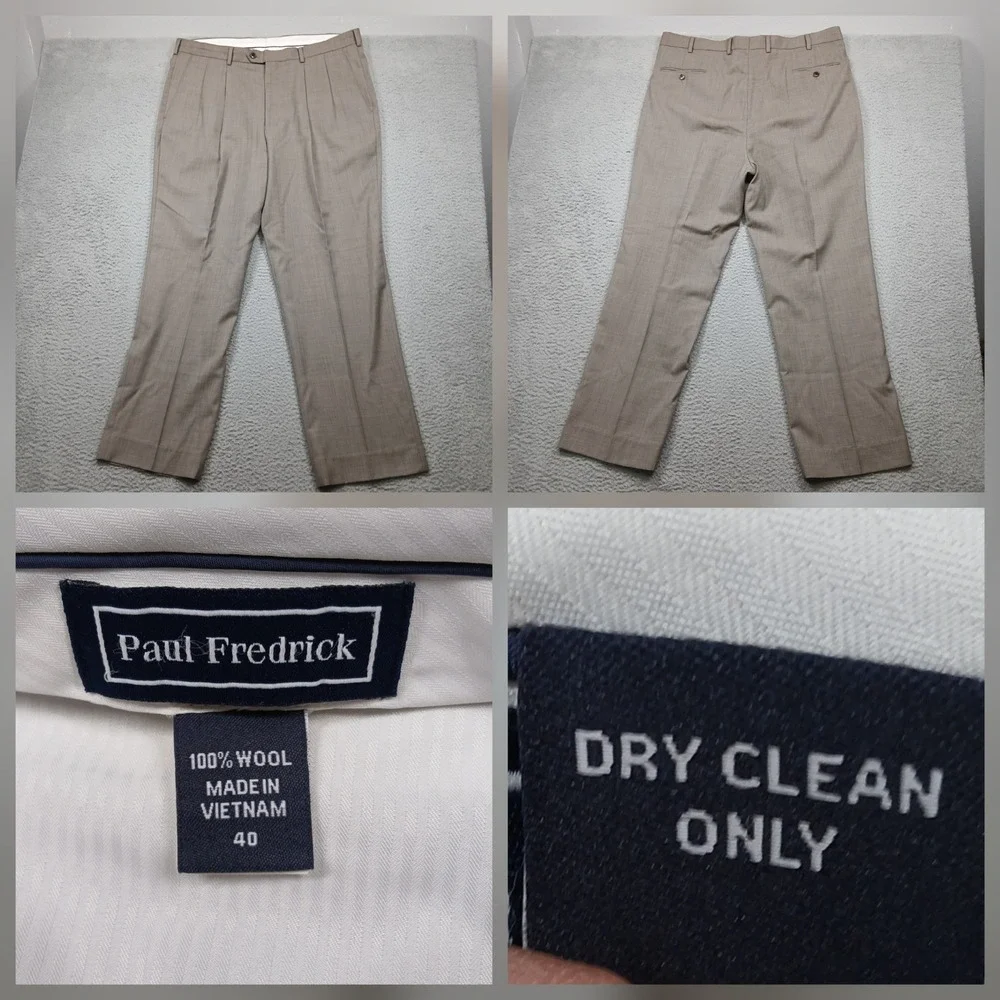 Paul Fredrick Dress Pants‎ Mens 40 Tan Plaid 100% Wool Flat Front Tailored